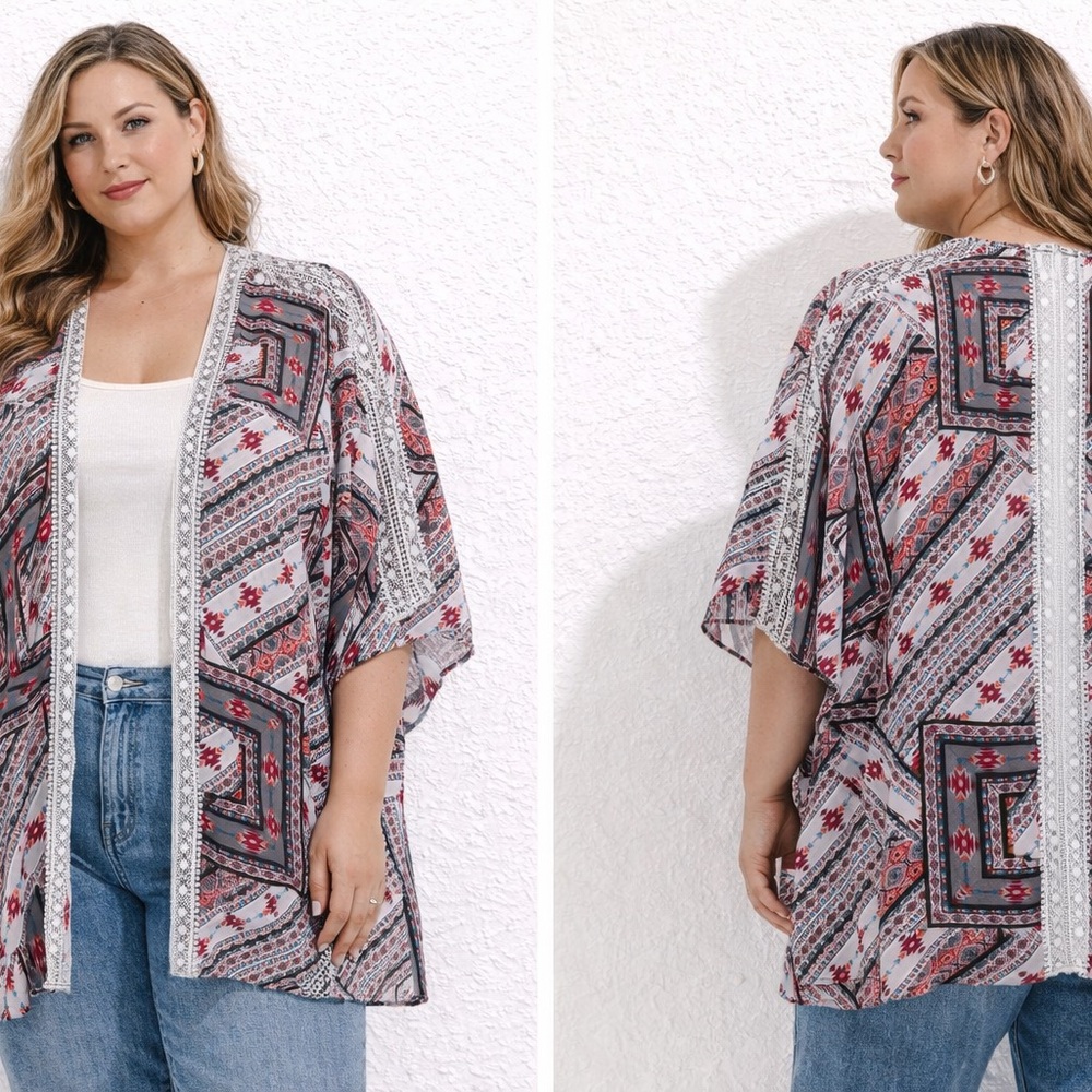 Plus-Size Open-Front Kimono Cover-Up in Red and Gray 26/28W